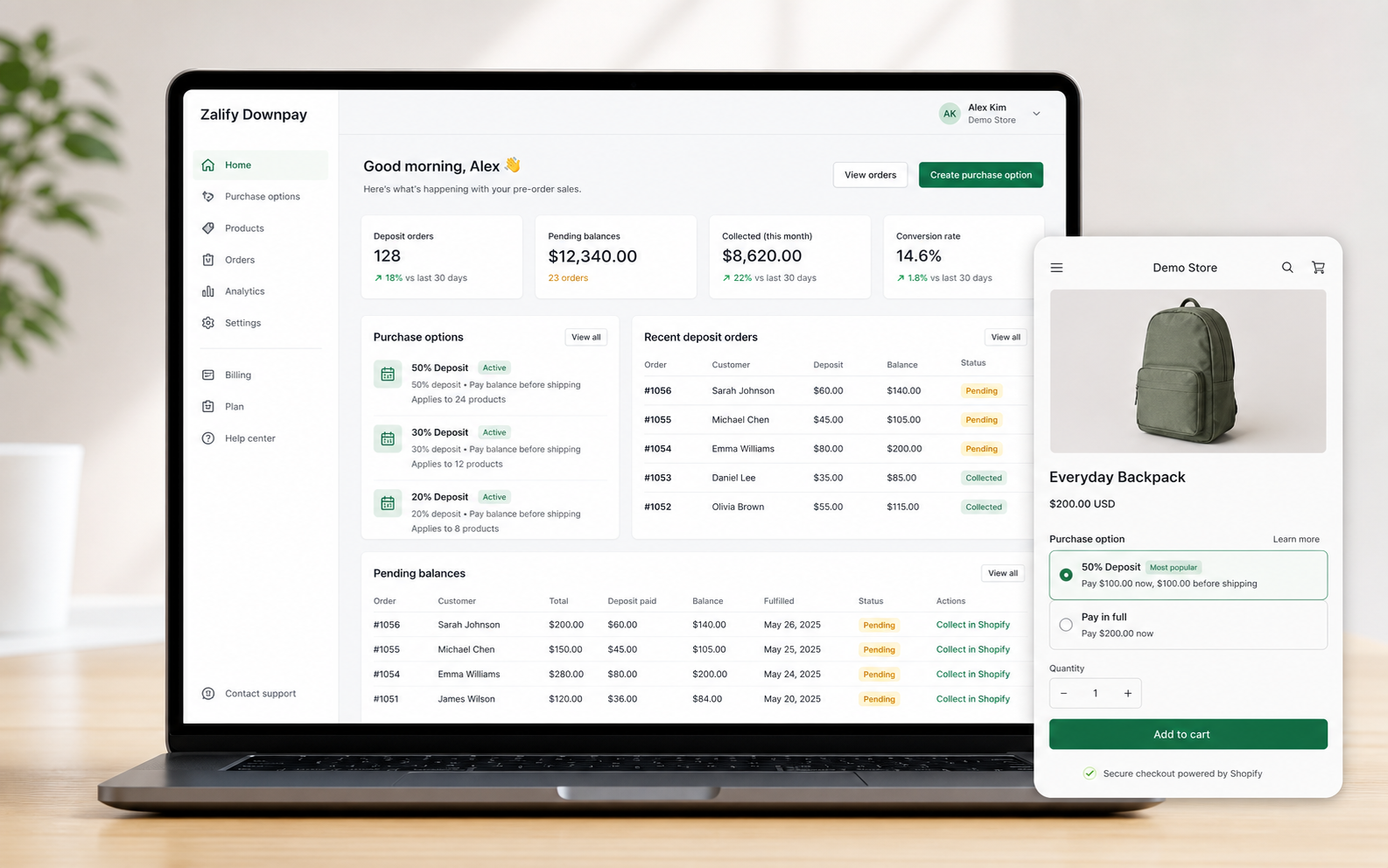 Zalify Downpay dashboard and storefront purchase option preview